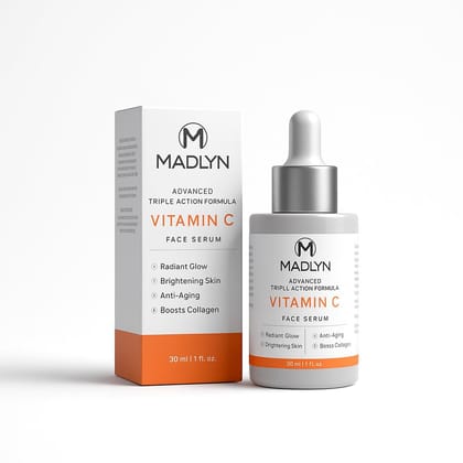 MADLYN BEAUTY REDEFINED Vitamin C Face Serum with Triple Action Formula, Vitamin E & Ferulic Acid | Advanced Skin Brightening for Glowing Face | Reduces Uneven Skin Tone | Non-Irritating | 30