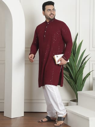 Men's Cotton Sequins Embroidered Wine Pyjama-46