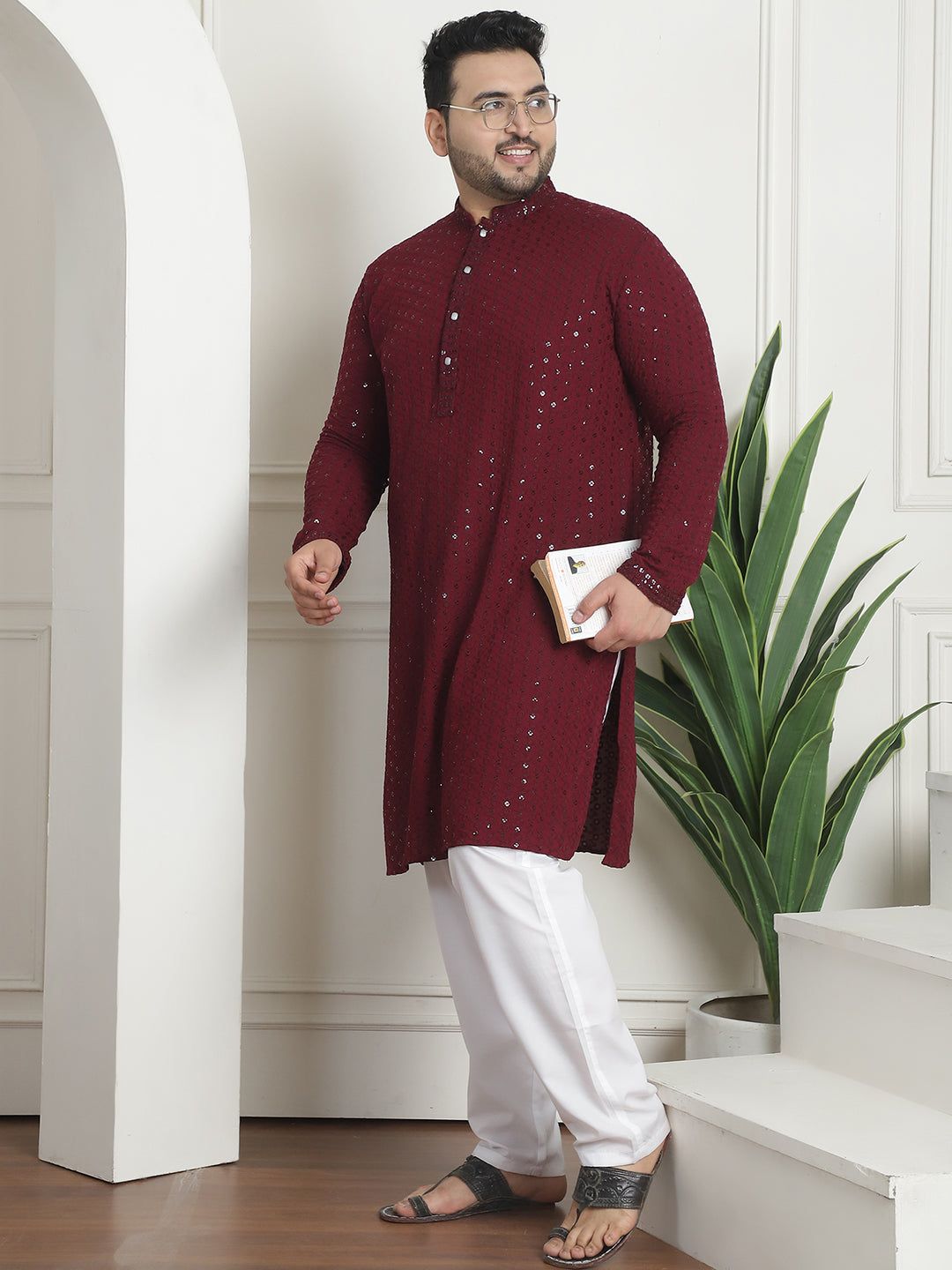 Men's Cotton Sequins Embroidered Wine Pyjama-46