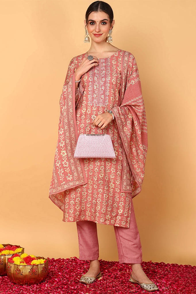 Pink Silk Blend Floral Printed Straight Style Suit Set PKSKD2073 - Kurtas & Kurta Sets | Buy online on ZillyBuy