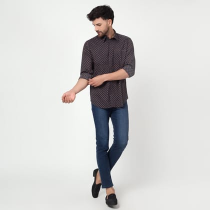 navy blue Cotton printed full sleeves shirt-XS