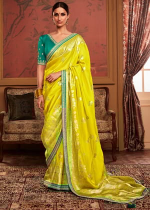 Blazing Yellow Woven Banarasi Designer Silk Saree With Embroidered Blouse
