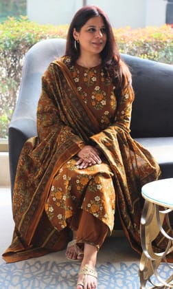 Cotton Coffee Mughal Print Suit with Afghani Pants & Mul Printed Dupatta-XXS