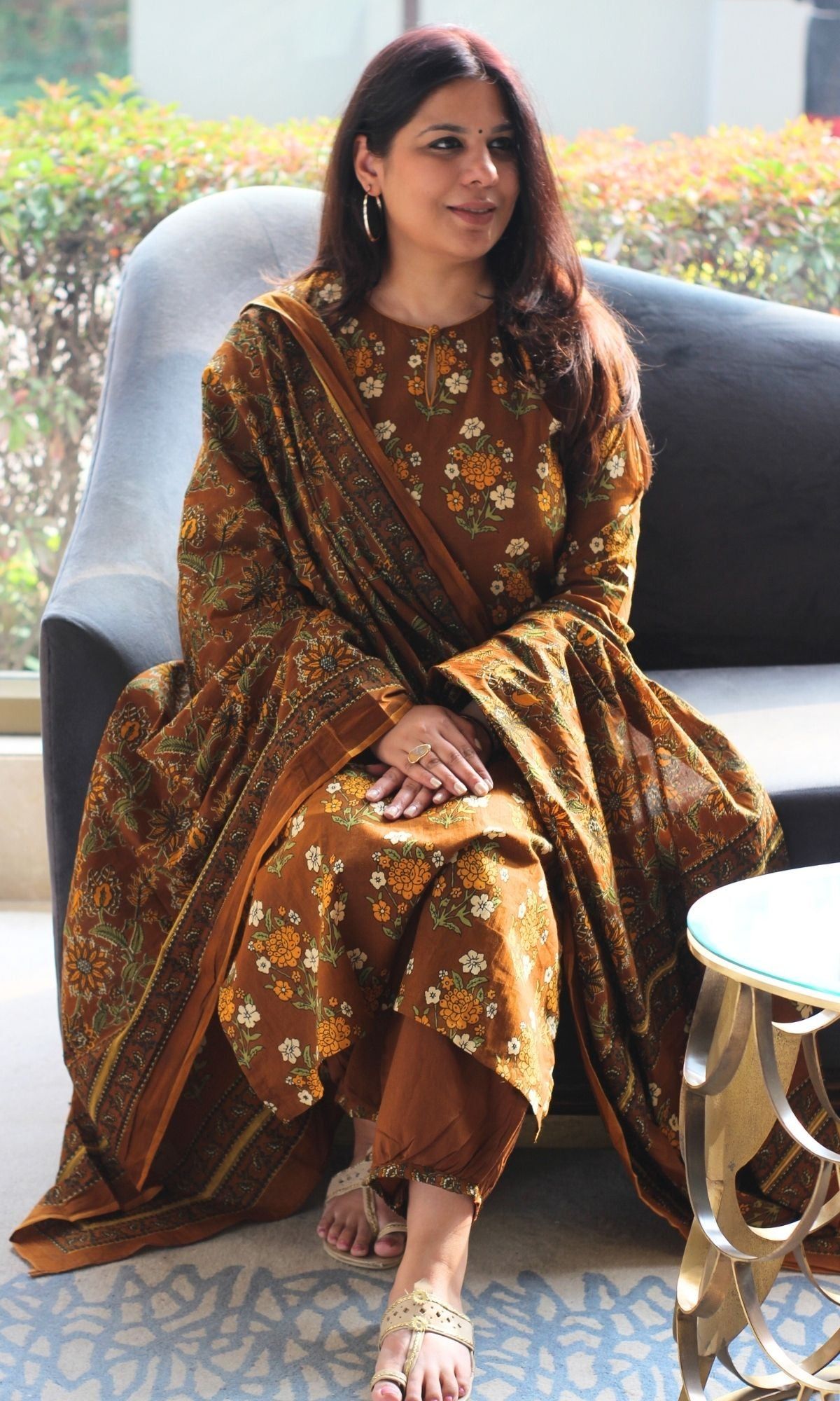 Cotton Coffee Mughal Print Suit with Afghani Pants & Mul Printed Dupatta-XXS
