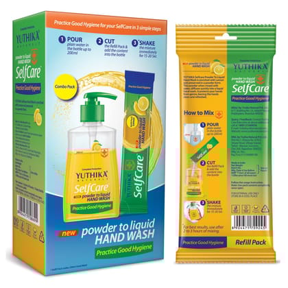 Yuthika Selfcare Powder to Liquid Handwash Lemon Combo Pack (Empty Dispenser+11 Refills) - 1 Refill Makes 200ml Handwash
