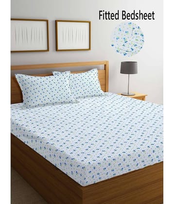 FABINALIV Poly Cotton Floral Fitted Fitted bedsheet with 2 Pillow Covers ( Double Bed ) - White