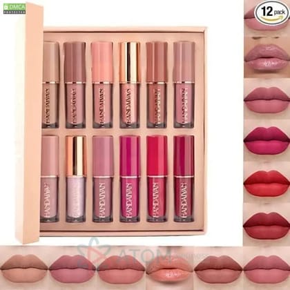 Smudge Proof Durable Velvet Matte Liquid Lipstick Set 12Pcs for Women-Free Size