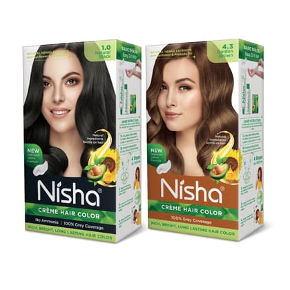 Nisha Creme Hair Color Combo, Pack of 2 Natural Black & Golden Brown