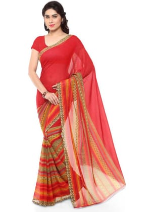 Printed Faux Georgette Red Color Saree