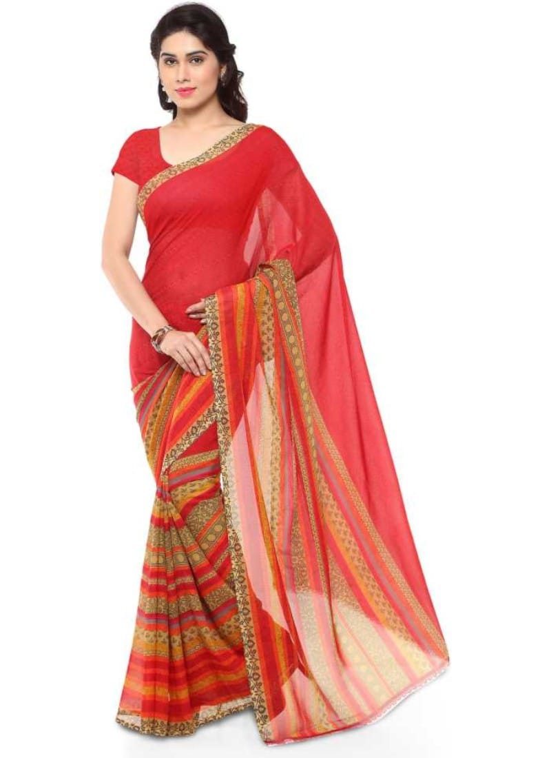Printed Faux Georgette Red Color Saree