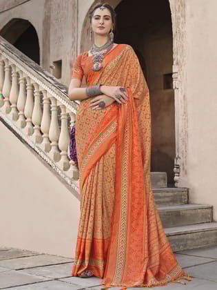 Orange Pure Crepe Printed Patola Designer Saree