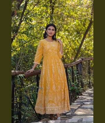 Juniper Women Georgette Printed Gown ( Yellow )