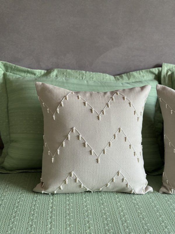 KRI India Ivory Pearl Chevron Lines Cushion Cover|18x18 inches | Cream back with ivory pearls  | Wash & Care | 100% Cotton | Handcrafted in India. 100% organic & natural.