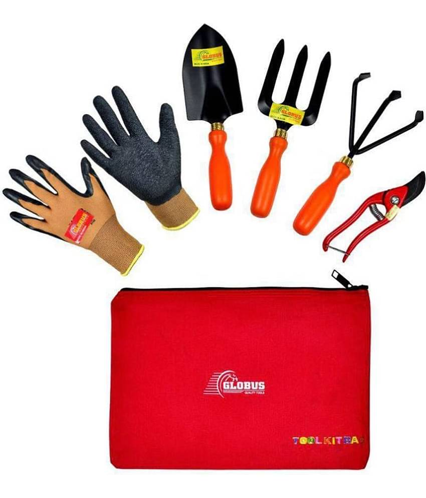 GLOBUS 929 Garden Tool Set/6 PCS (RED BIG TROWEL/FORK/CULTIVATOR, 8 INCH STEEL PRUNER RED, GARDEN GLOVES AND TOOL KIT BAG)