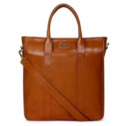 Detachable Strap Full-Length Exterior Pockets Zip Compartment Tan Leather Tote Bag By Brune & Bareskin-FS