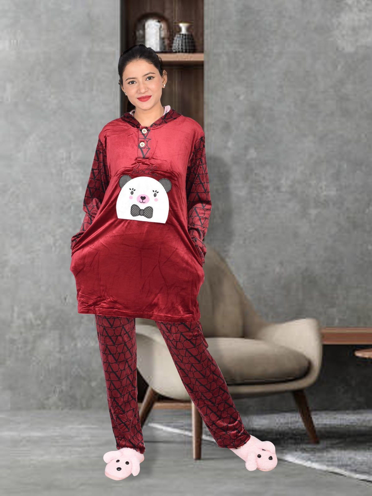 Imported Winter Nightsuite Heavy Stuff Dress for Girls(Maroon)-L