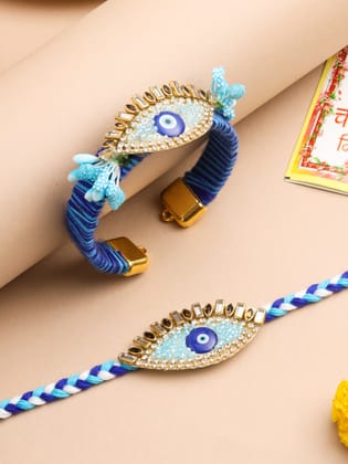 NVR Set of 2 Blue Evil Eye & Kundan Studded Handcrafted Bhaiya Bhabhi Rakhi with Roli Chawal Chandan & Mishri-One Size / Blue
