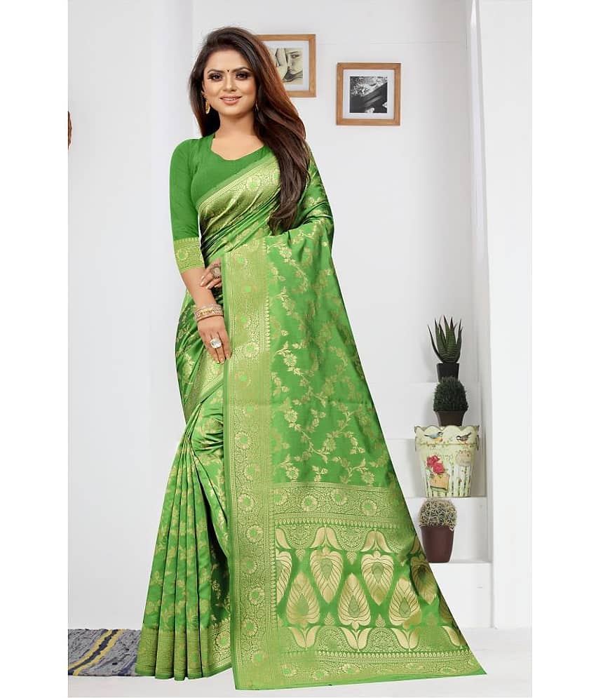 Gazal Fashions Banarasi Silk Printed Saree With Unstitched Blouse Piece ( Green )