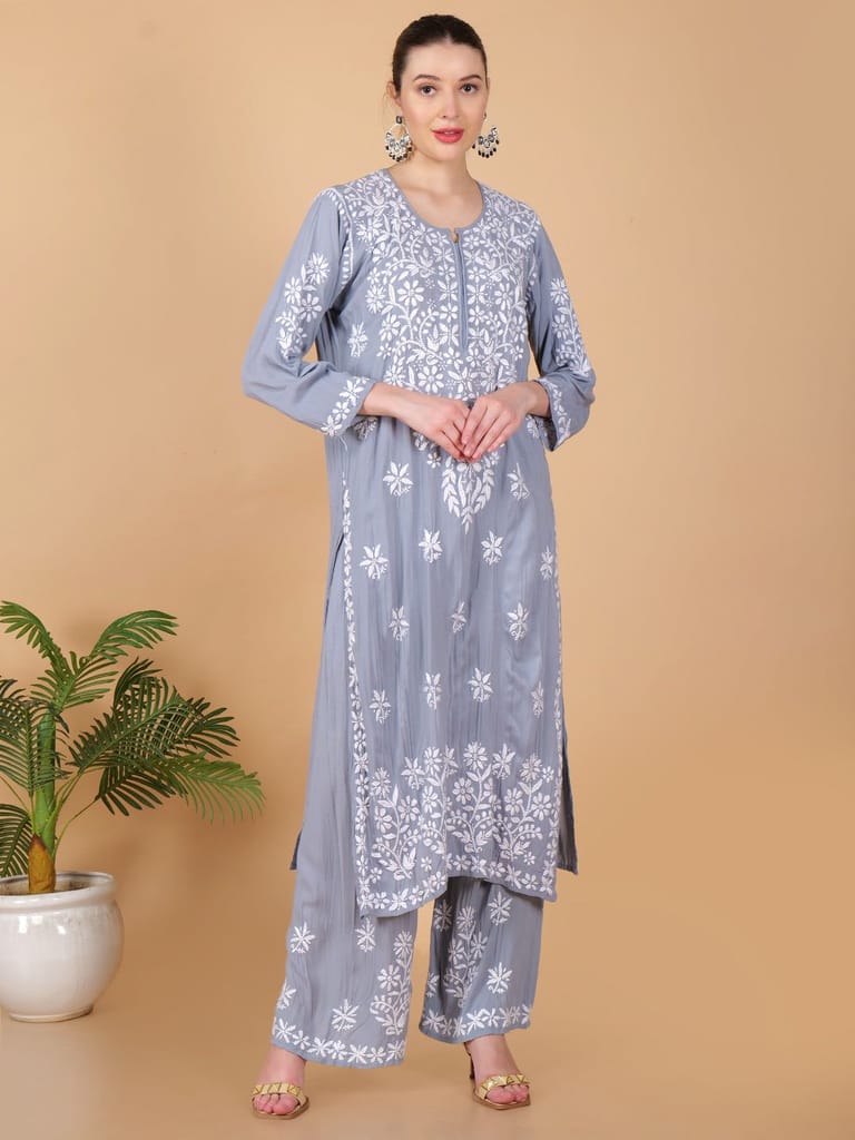 Pure Modal Heavy Bota Pattern hand embroidered Chikankari Kurta Set -Grey