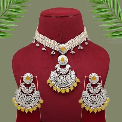 Yellow Color Choker Kundan Necklace Set (KN1379YLW)-Adjustable Rope / Yellow / Alloy With Good Quality Silver Plated