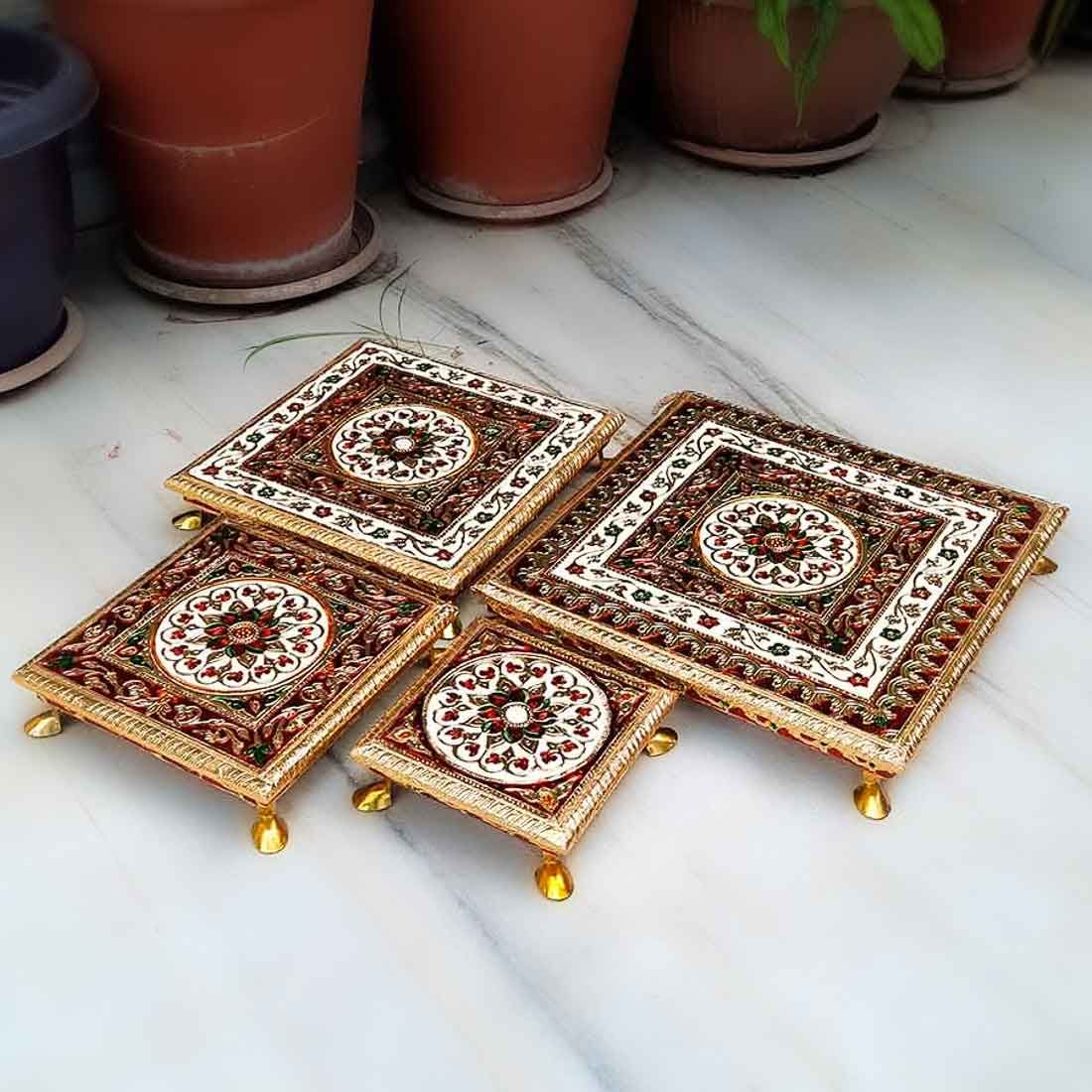 Puja Chowki Set | Wooden Bajot Minakari Design - For Pooja, Festival, Ceremonies & Home Decor (Pack of 4) 6, 8, 10, 12 Inch-Design 1