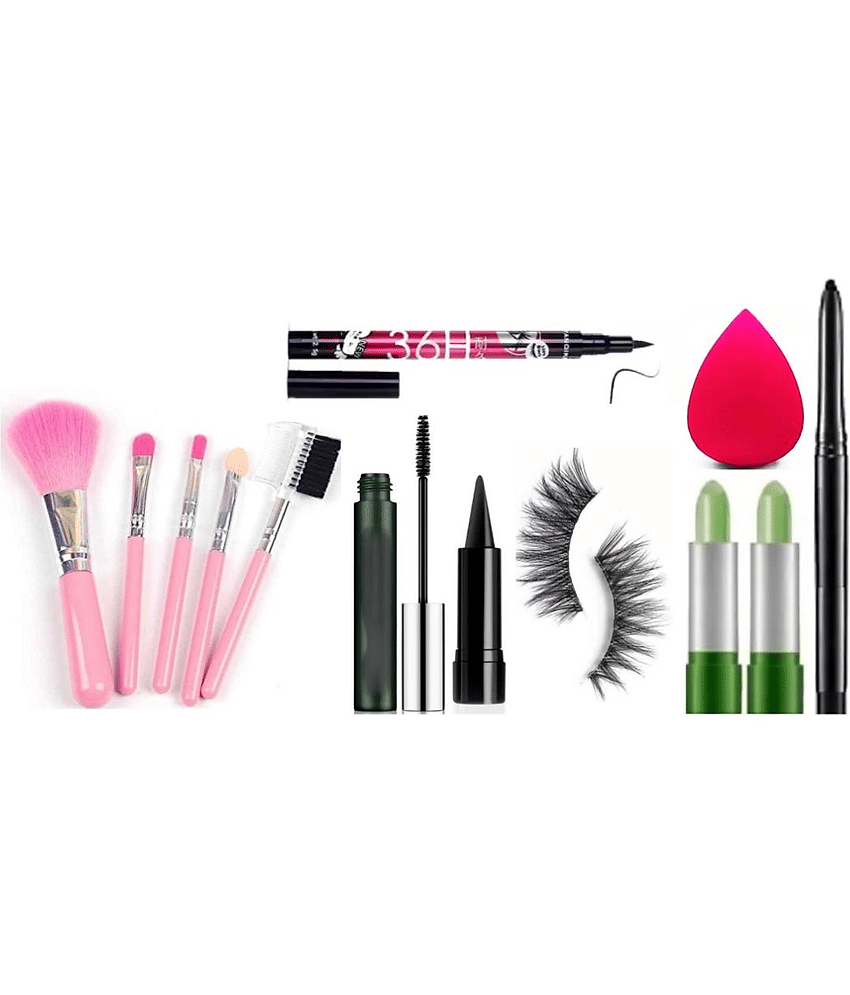 swenky eyeliner mascara aloe vera lipstick false eyelash & makeup brush (Pack of 9)