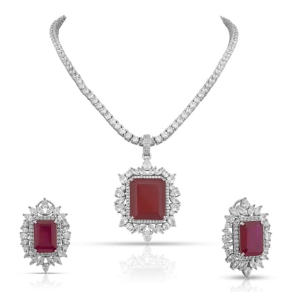 Kendra - Ruby Stone Centred CZ Necklace Set-Ruby