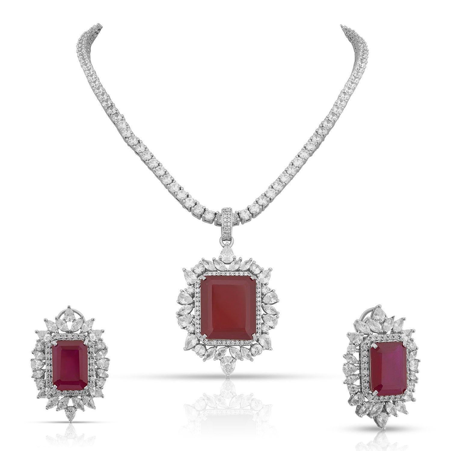 Kendra - Ruby Stone Centred CZ Necklace Set-Ruby