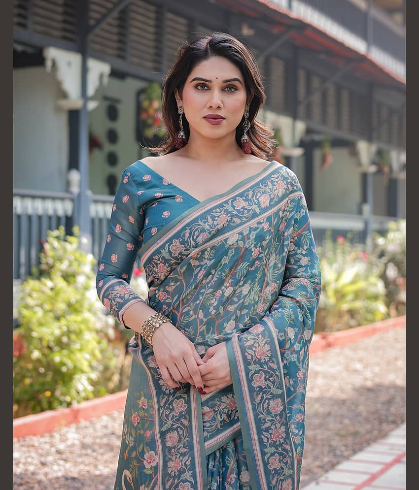 Almaari Fashion Cotton Blend Printed Saree With Stitched Blouse ( Multicolor )