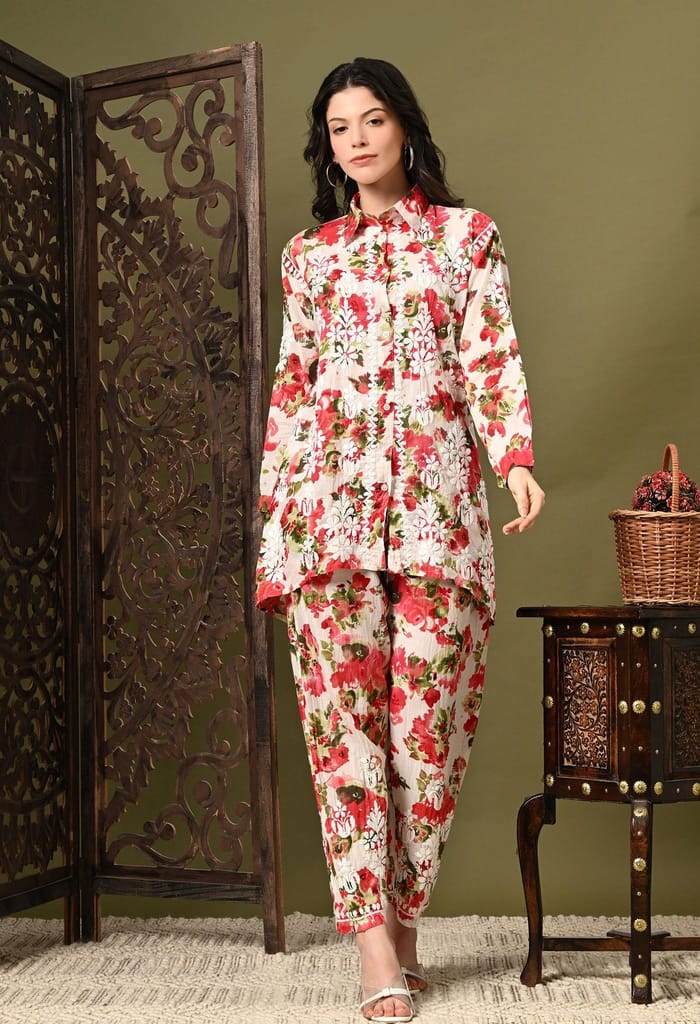 Chikankari Cord Set in Mulmul Set - Floral Print Red