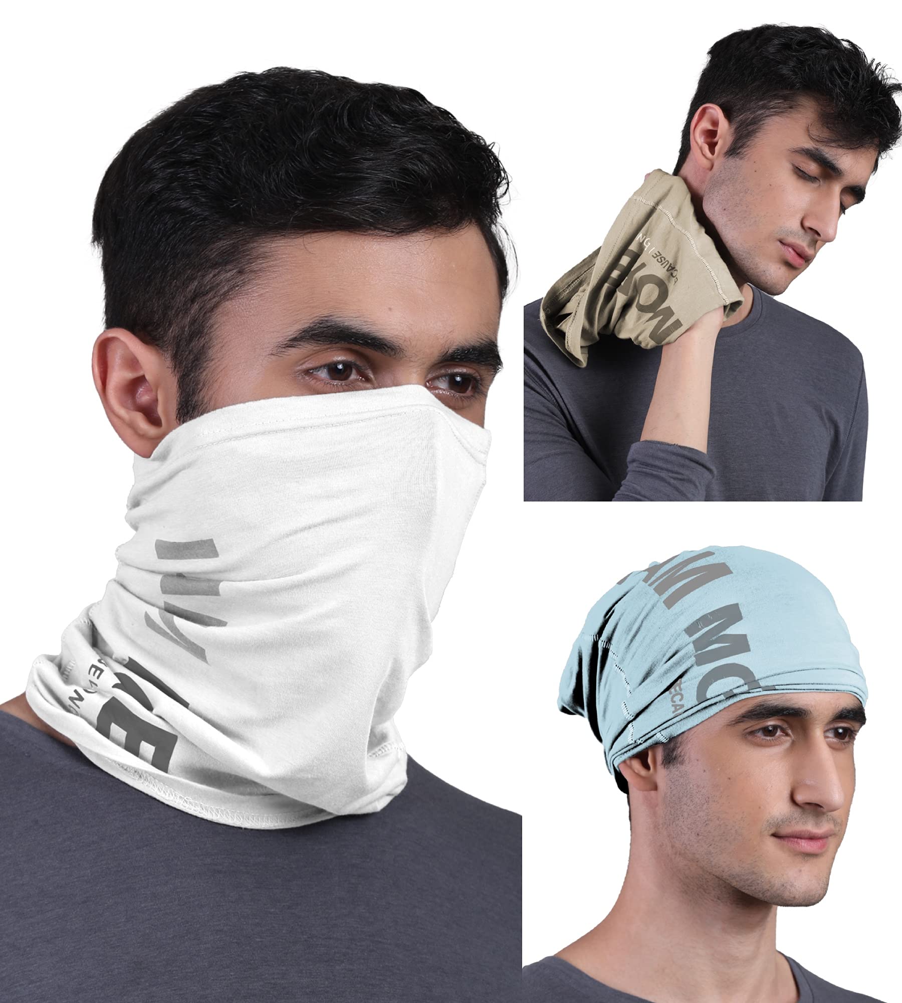 FREECULTR Unisex Bamboo Bandana, Anti Microbial Super Soft & Comfort Fit, Breathable Multipurpose Headband, Face Mask for Dust Protection and Sun - Printed Pack of 3-Beach Sand,Chalk Blue,White
