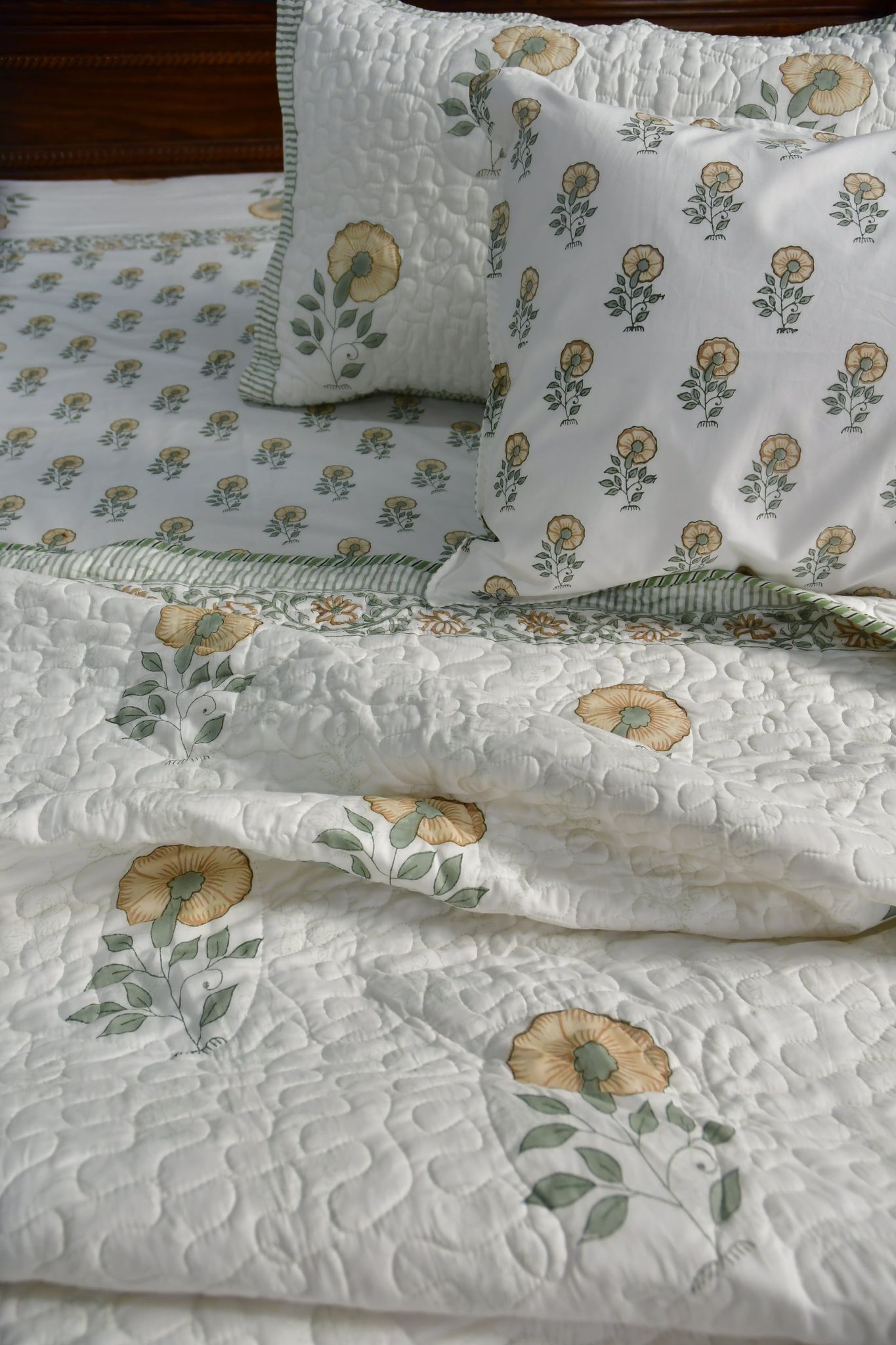 Flower of Hope Bedding set : Handblocked Super King (108*108 inches) bedsheet + King (90x108 inches) quilted bedcover