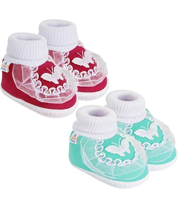 Neska Moda Set of 2 Pair Baby Boys & Baby Girls Butterfly Frill Cotton Booties For 12 to 24 Months (Maroon,Green)