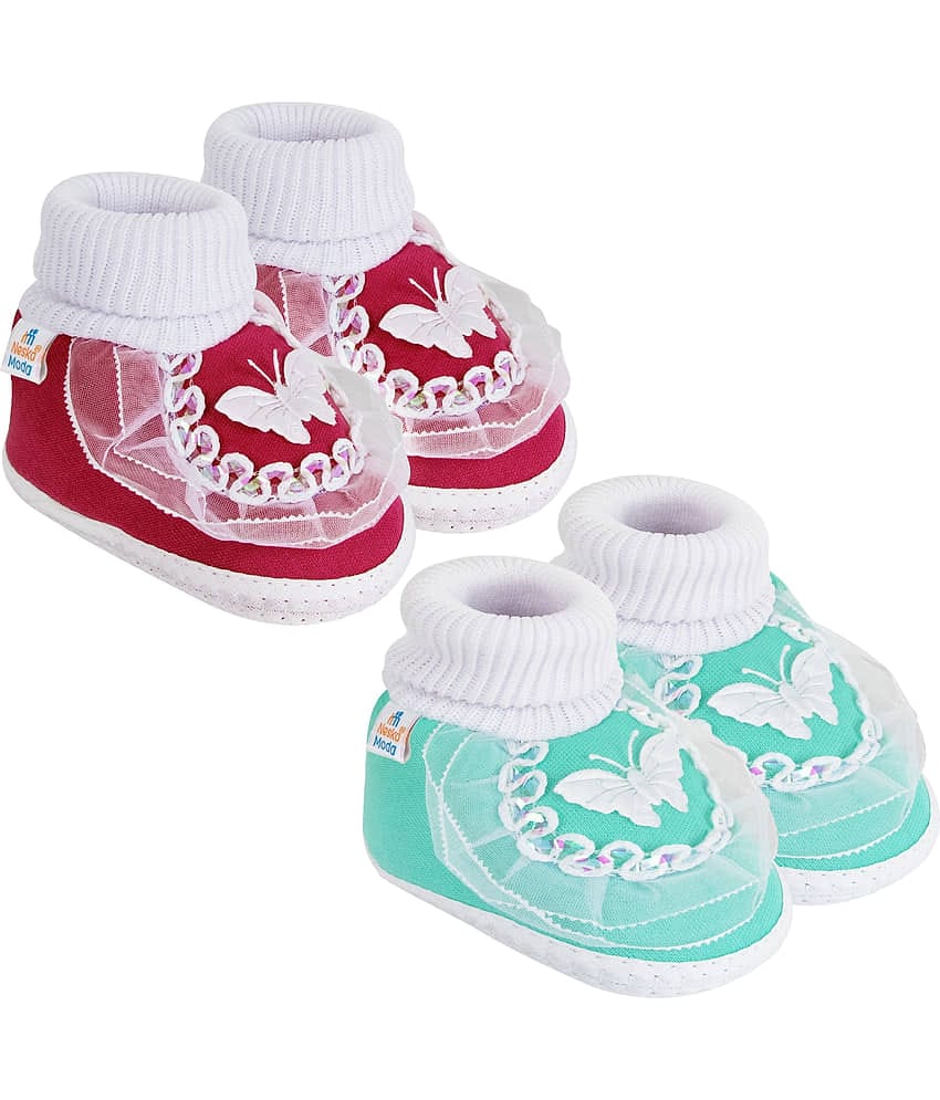 Neska Moda Set of 2 Pair Baby Boys & Baby Girls Butterfly Frill Cotton Booties For 12 to 24 Months (Maroon,Green)