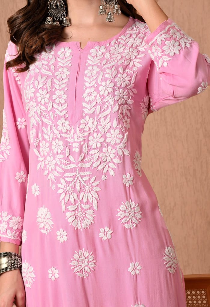 Hand Embroidered Chikankari Plazo Set 3d Work- Pink