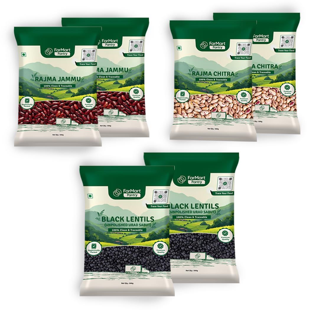 FarMart Pantry Winter Super Pulses Combo: Premium Rajma Chitra, Jammu Rajma & Black Lentils | Pack of 2 Each (500 gm X 6)