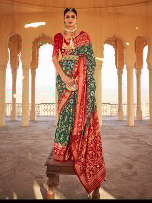 Pine Green Gold Printed Patola Silk Saree