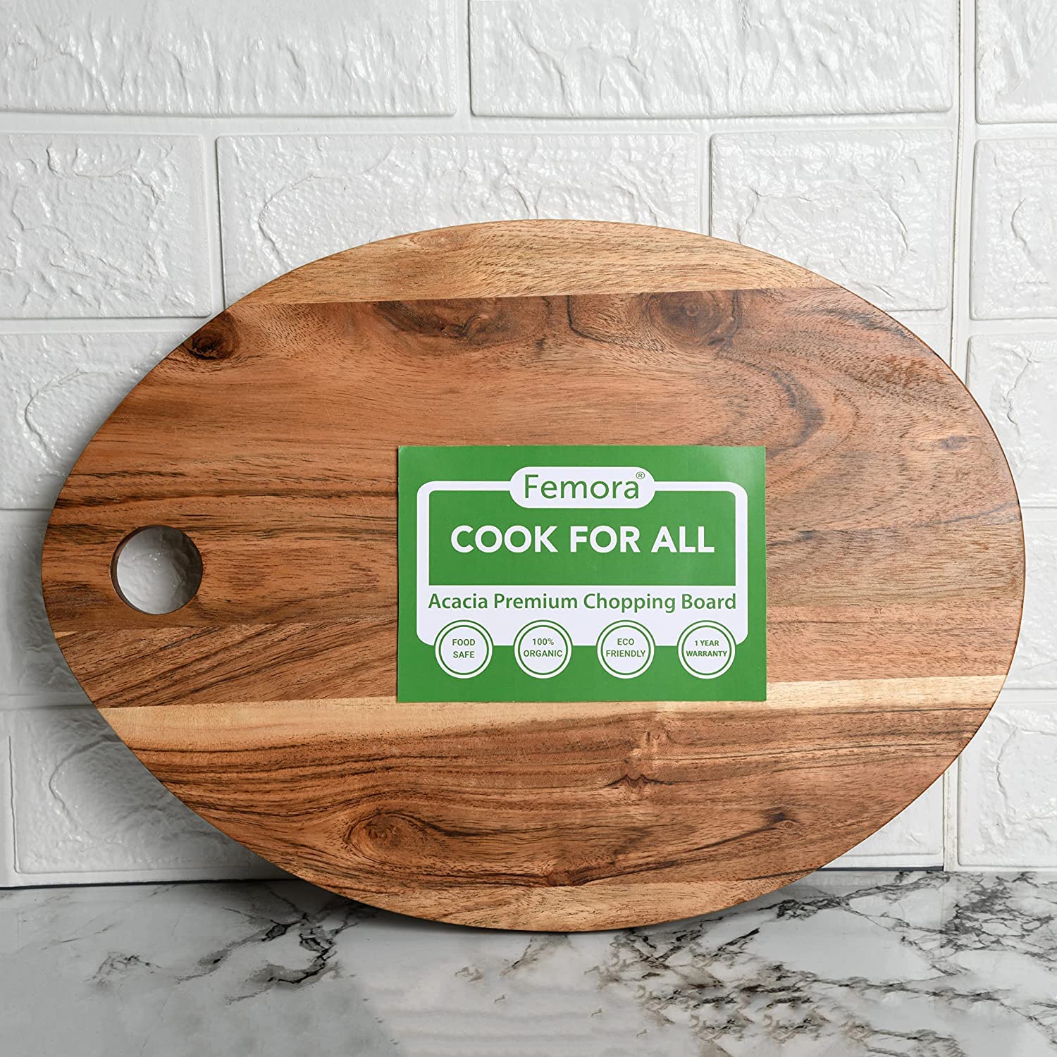 Femora Vegetable Acacia Wood Chopping Board Anti Bacterial Seasoned with Organic Mineral Oil Oval Shape Thick Wooden Cutting Board, 15 x 11 Inch (39 x 28 cm), 1 Year Warranty
