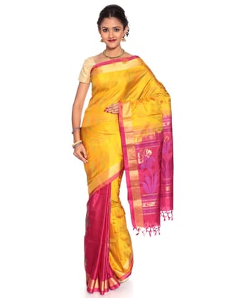 Yellow-Pink Patli Pallu Saree - Kanchipuram Silk Saree | Patli Saree