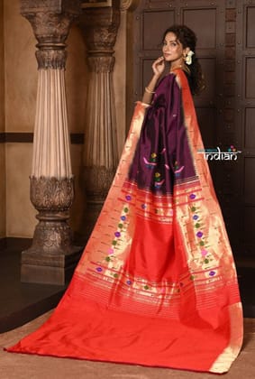 Parampara ~ Limited Edition Pure Silk Muniya Paithani with Tawa Asawali Pallu & Asawali Buttis in Exquisite Wine
