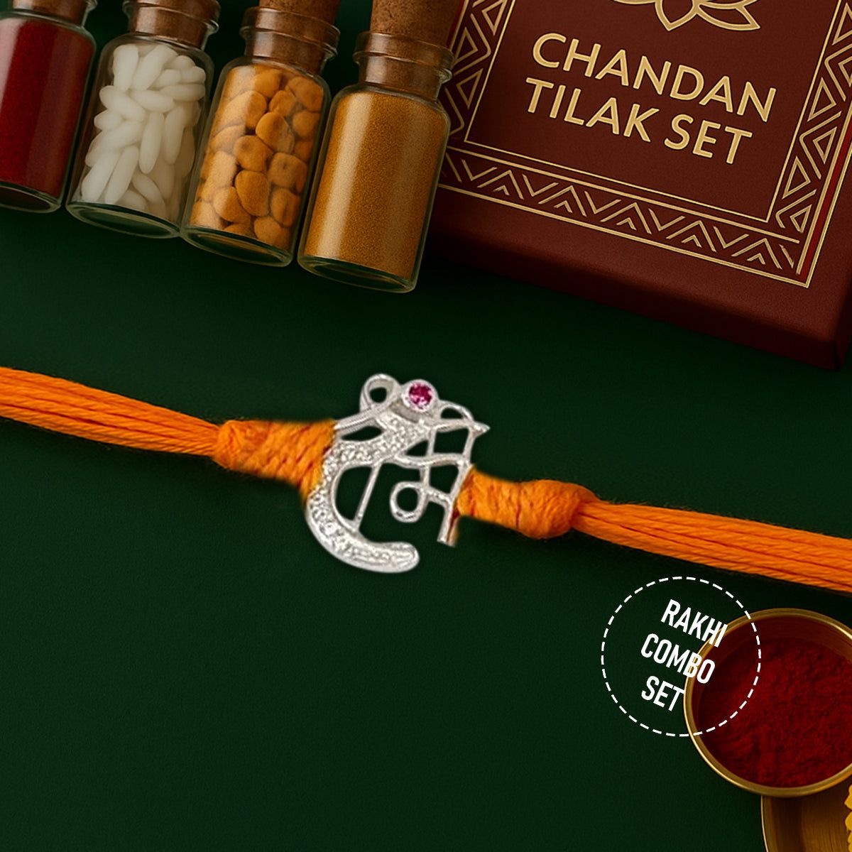 Pure 92.5 Shri Ram Silver Rakhi with Chandan Tilak Set