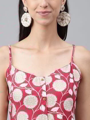 Magenta rayon botanical Printed Gathered dress