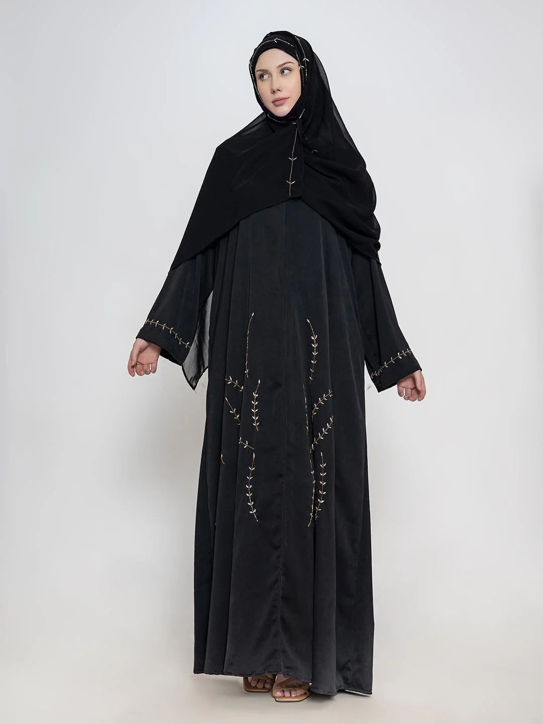 Black Embroidered Round Neck Abaya With Scarf-XS