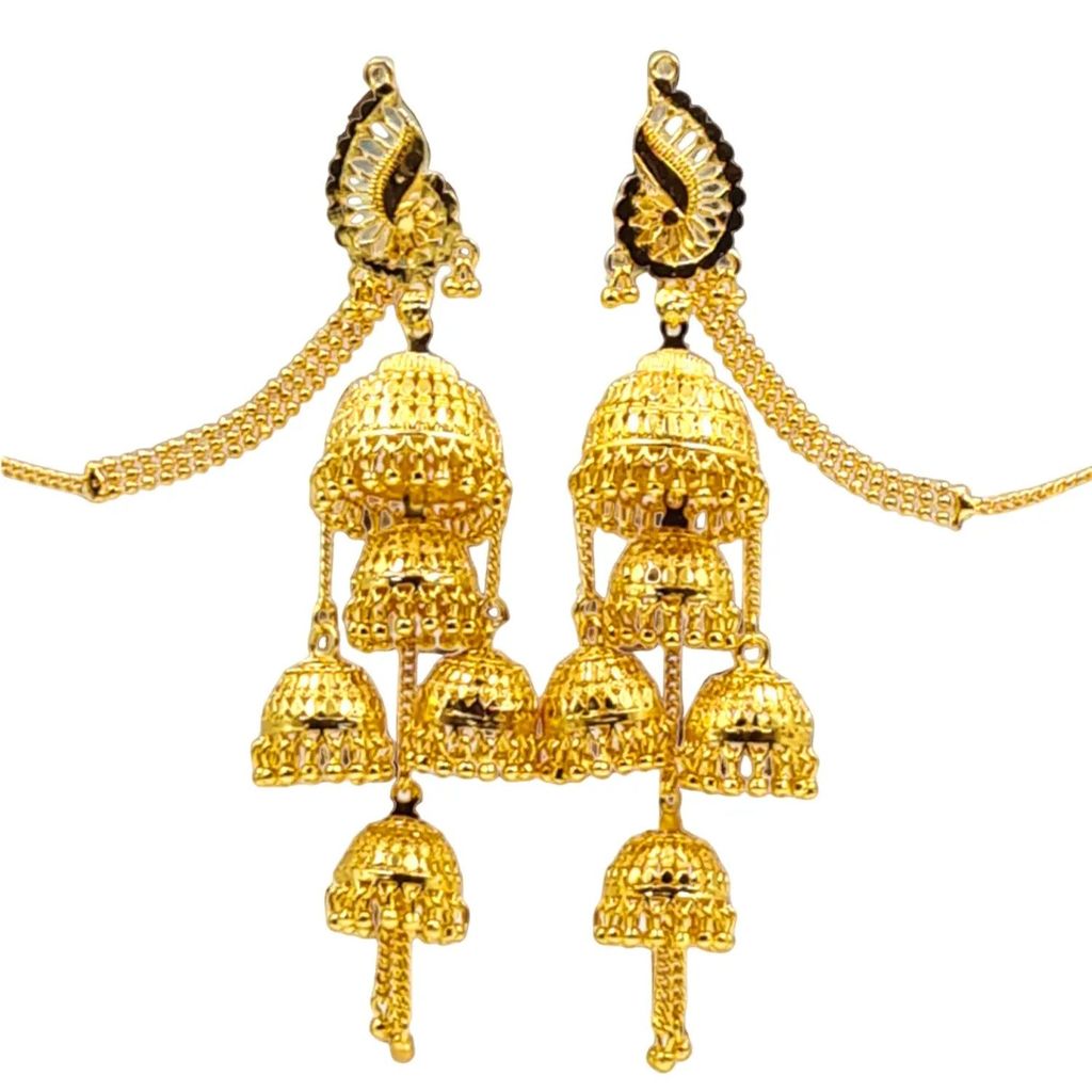 Attractive Sister Multi-Layer Gold Plated Jhumka Earrings with Hair Chain – Royal Bridal Jewelry