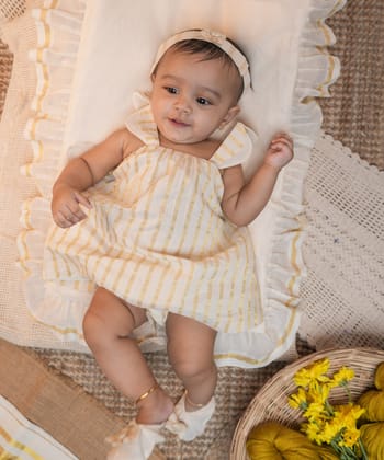 White golden cotton handloom kids dress