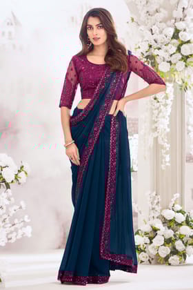 Teal Embroidered Chiffon Saree