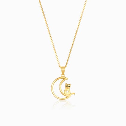 Golden Cat In Crescent Moon Pendant with Link Chain