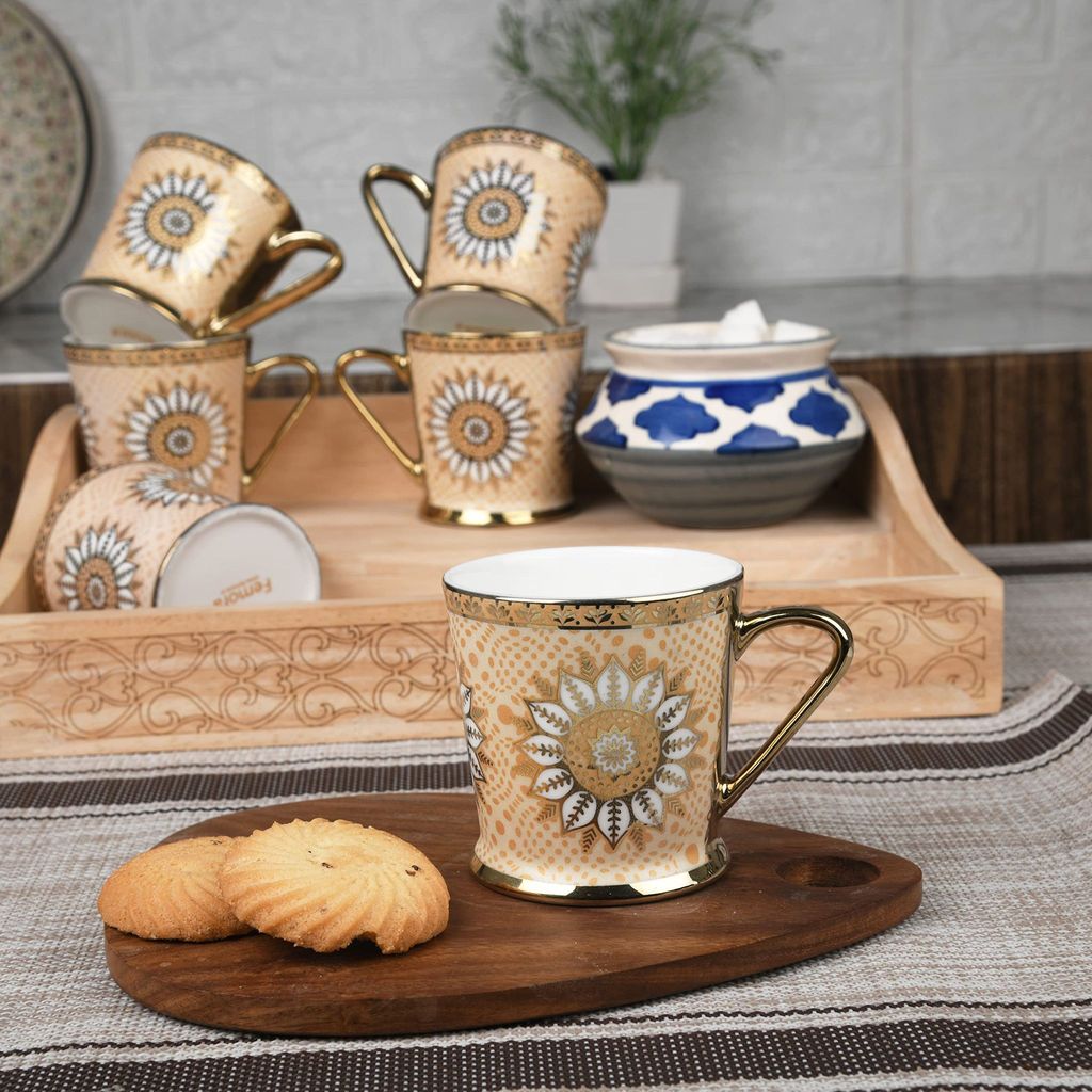 Femora Lotus Pattern with Golden Handle Golden Tea Mugs, Ceramic Tea Cups, Coffee Mugs (180 ml, Golden) - 6 Pcs Set