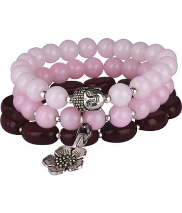Modern Fusion Light Pink & Baby Pink Onyx Stone with Silver Platted Buddha and Flower & Maroon Agate Oval Stone Stretchable Bracelet for Womens & Girls