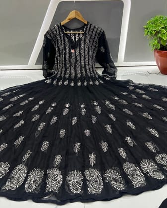 Regal Chikankari Georgette Anarkali Gown 56 Kali Black-38 S)